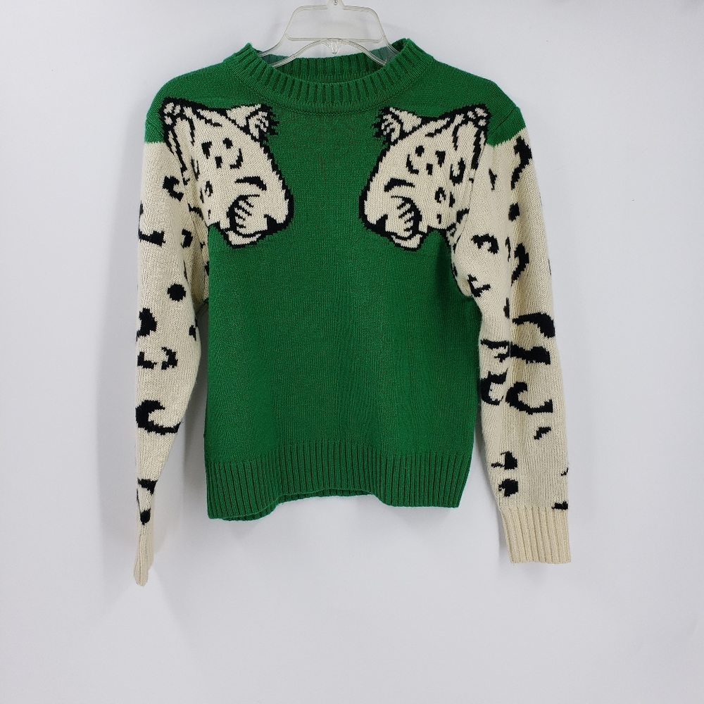 green pull over sweater with tiger print sleeves womens Small